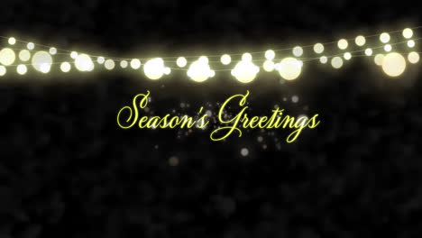 Animation-of-season's-greetings-text-and-christmas-fairy-lights-decoration-on-black-background