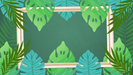 Animación-De-Hojas-De-Plantas-Tropicales-Y-Marco-Dorado-Sobre-Fondo-Verde