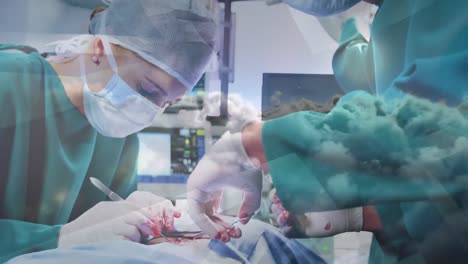 Animation-of-clouds-over-doctors-during-surgery