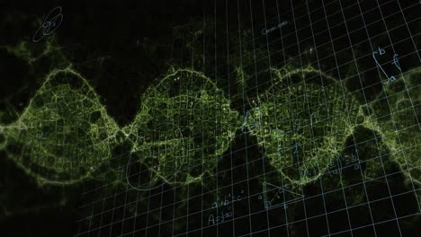 Animation-of-dna-strand-spinning-and-mathematical-equations-over-grid
