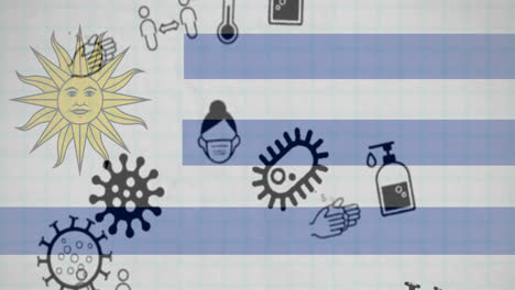 Animation-of-covid-19-virus-cells-and-digital-icons-over-flag-of-uruguay