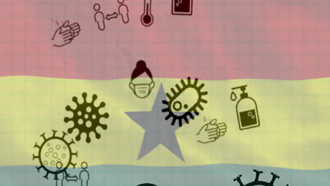 Animation-of-covid-19-virus-cells-and-digital-icons-over-flag-of-ghana
