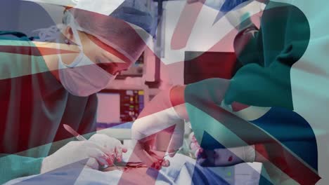 Animation-of-uk-flag-over-doctors-during-surgery