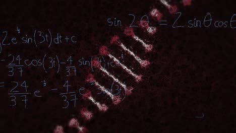 Animation-of-mathematical-equations-over-dna-strand-on-black-background