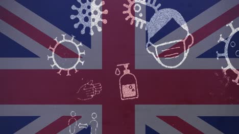 Animation-Von-Covid-19-Viruszellen-Und-Digitalen-Symbolen-über-Der-Flagge-Des-Vereinigten-Königreichs