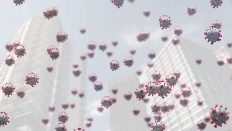 Animation-Von-Coronavirus-Zellen,-Die-über-Dem-Stadtbild-Schweben