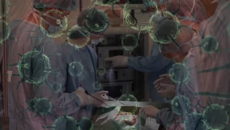 Animation-Von-Viruszellen,-Die-Während-Einer-Operation-über-Ärzten-Schweben