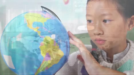 Animation-of-data-processing-over-schoolgirl-looking-at-globe-in-class