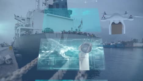 Animation-of-data-processing-and-digital-drone-over-shipyard