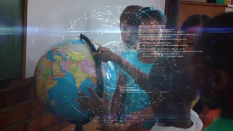 Animation-of-data-processing-and-network-of-connections-over-schoolchildren-looking-at-globe
