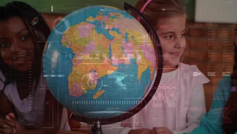 Animation-of-data-processing-over-schoolchildren-looking-at-globe-in-class