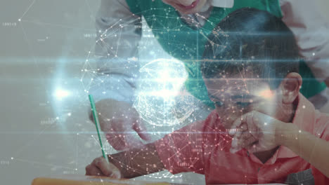 Animation-of-networks-of-connections-over-schoolboy-and-teacher-in-classroom