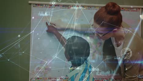 Animation-of-networks-of-connections-over-schoolboy-and-teacher-in-classroom