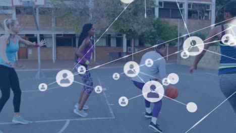 Animation-Von-Verbindungsnetzwerken-über-Basketballspielerinnen