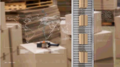 Animation-of-network-of-connections-and-packages-on-belt-conveyor-roller-over-shelves-in-warehouse