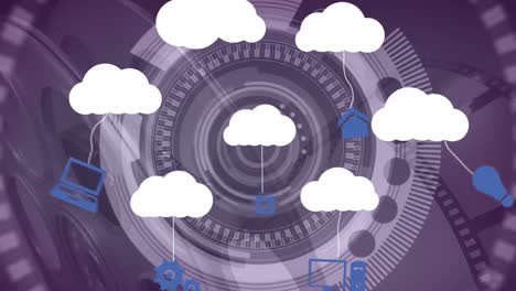 Animation-of-clouds-with-hanging-network-icons-over-rotating-circular-scope