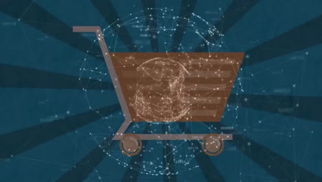 Animation-of-rotating-globe-with-network-of-connections-over-shopping-cart