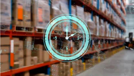 Animation-of-clock-and-processing-over-shelves-in-warehouse