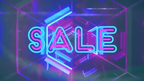 Animation-of-sale-text,-in-pink-and-blue-neon-over-reflective-neon-tunnel