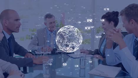 Animation-of-globe-with-connections-over-business-meeting