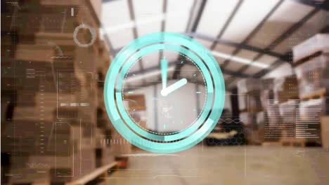 Animation-of-clock-and-data-processing-over-shelves-in-warehouse