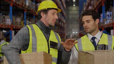 Animation-of-data-processing-over-male-warehouse-workers