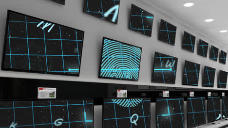 Animation-of-fingerprint-scan-and-security-symbols-displayed-across-flat-screen-tvs-in-shop-display