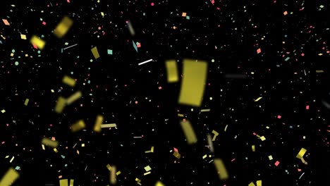Animation-of-gold-and-colourful-confetti-falling-on-black-background