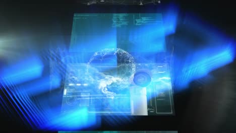Animation-of-interface-screens-with-processing-data-over-rotating-brain-and-glowing-blue-lights