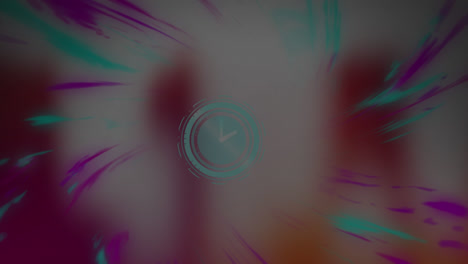 Animation-of-clock-with-moving-hands-over-swirling-pink-and-blue-lights-on-blurred-background