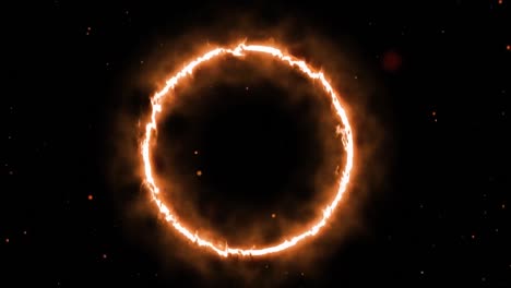 Animation-Von-Explodierenden-Orangefarbenen-Partikeln-Und-Einer-Kreisförmigen,-Flammenden-Lichtspur,-Die-Sich-Auf-Schwarzem-Hintergrund-Bewegt