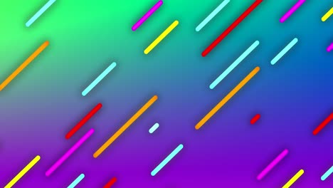 Animation-of-colourful-lines-moving-diagonally-on-green-and-purple-background