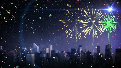 Animation-of-colourful-confetti-and-fireworks-over-night-time-cityscape