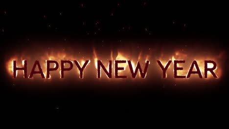 Animation-of-flaming-text-happy-new-year,-with-colourful-fireworks-exploding-on-black-background