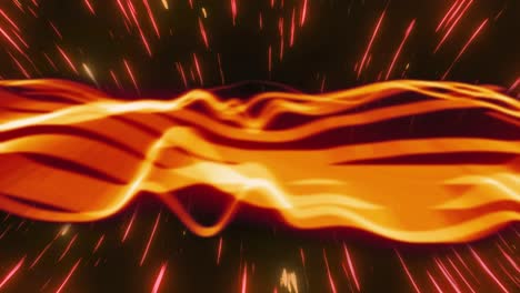 Animation-of-glowing-orange-waves-moving-over-pink-and-yellow-light-trails-on-black-background