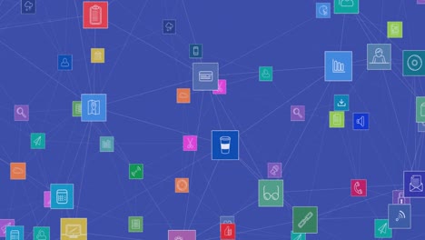 Animation-of-network-of-connections-with-icons-on-blue-background