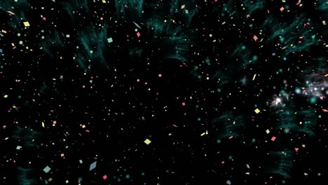 Animation-of-colourful-fireworks-exploding-and-falling-confetti-on-black-background