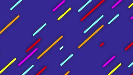 Animation-of-colourful-lines-moving-diagonally-over-wavy-stripes-and-purple-background