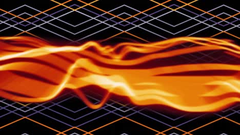Animation-of-glowing-orange-waves-moving-over-orange-and-white-lines-on-black-background