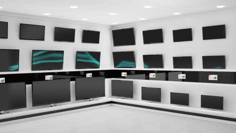 Animation-of-blue-electrical-current-across-multiple-flat-screen-tvs-in-shop-display