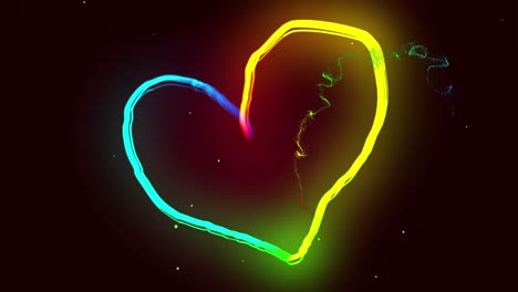 Animation-of-glowing-colourful-light-trail-heart-shape-on-black-background