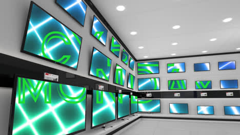 Animation-of-cyber-monday-text-displayed-across-multiple-flat-screen-tvs-in-shop-display