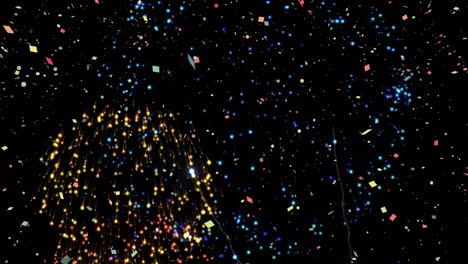 Animation-of-colourful-fireworks-exploding-and-falling-confetti-on-black-background