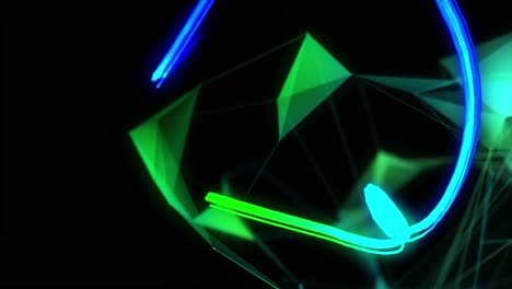 Animation-of-blue-and-green-light-trail-and-glowing-shapes-moving-on-black-background