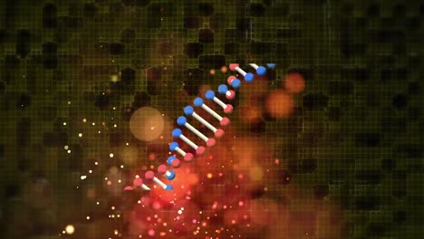 Animation-of-rotating-dna-strand-with-red-bokeh-lights-and-glowing-particles-over-dark-background