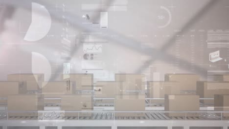 Animation-of-statistics-processing-over-cardboard-boxes-on-conveyor-belts