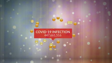 Animation-Einer-Text-Covid-19-Infektion-Mit-Steigender-Zahl,-Emojis-Und-Flecken-Auf-Grauen-Und-Rosa-Linien
