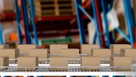 Animation-of-cardboard-boxes-moving-on-conveyor-belts-over-warehouse