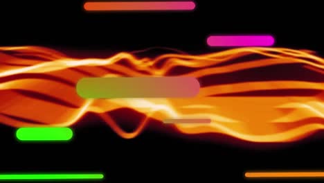 Animation-of-colourful-capsule-shapes-moving-over-glowing-orange-waves-on-black-background