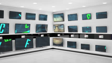 Animation-of-man-using-computer-and-data-processing-across-multiple-flat-screen-tvs-in-shop-display